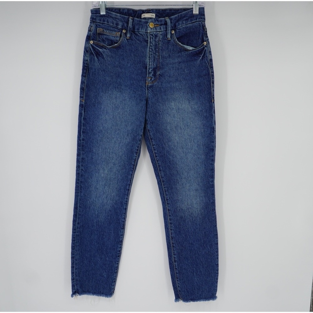Good American Good Classic High Rise Leg Blue Jeans Raw Hem GCRH086TFT Size 6/28